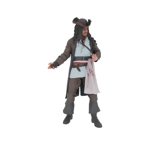 3D model of Captain Jack Sparrow, the pirate, standing with one hand extended and the other holding his coat.