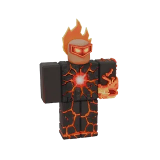3D-Modell eines feurigen Lava-Golems mit glühendem Kern, rissiger Gesteinstextur und einem pixeligen Feuerarm.