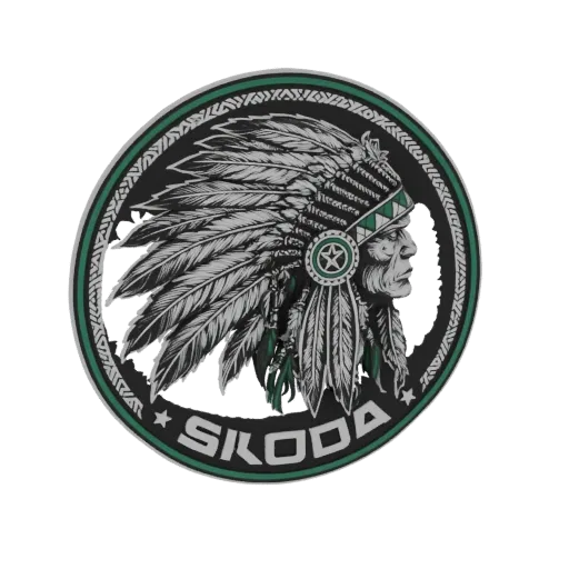 3D model of the Skoda emblem featuring a Native American chief in a feathered headdress, with the Skoda name below.