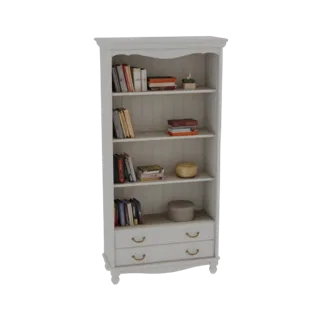 A 3D render of a classic white wooden bookshelf with four shelves filled with books and two drawers at the bottom.