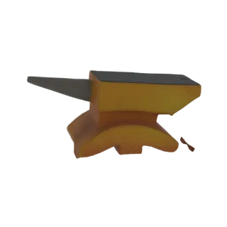 3D model of a classic blacksmith anvil with a dark metallic face and horn, and a textured orange base, set against a white ba