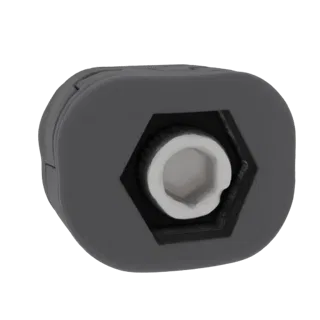 Modelo 3D de un adaptador de llave de vaso hexagonal gris oscuro con un vaso hexagonal blanco y un agarre texturizado.