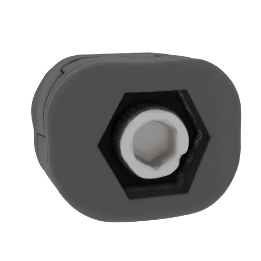 3D model of a dark gray hexagonal socket wrench adapter with a white hexagonal socket and a textured grip.