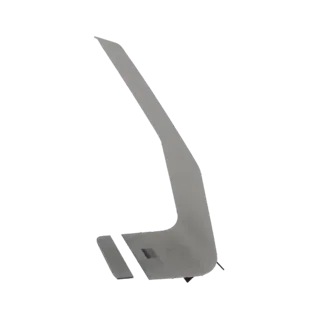 3D model of a futuristic aircraft tail fin with sharp, angular lines and a light gray finish, set against a white background.