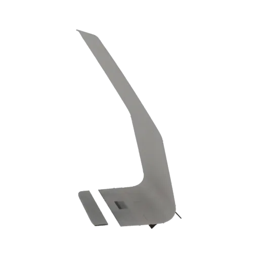 3D model of a futuristic aircraft tail fin with sharp, angular lines and a light gray finish, set against a white background.