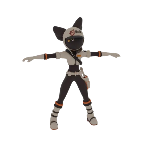 3D-Modell einer stilisierten Cyberpunk-Katze als Kurier in futuristischer Kleidung, stehend in T-Pose mit ausgestreckten Arme