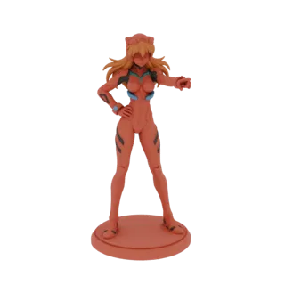 Modello 3D di Asuka Langley Soryu da Neon Genesis Evangelion in un plugsuit rosso, che punta in avanti con una posa sicura.