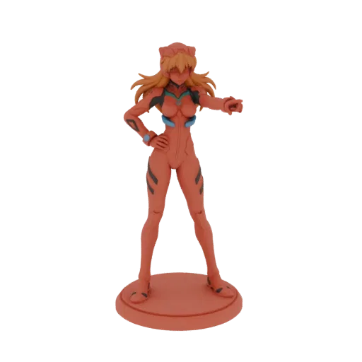 3D model of Asuka Langley Soryu from Neon Genesis Evangelion in a red plugsuit, pointing forward with a confident stance.