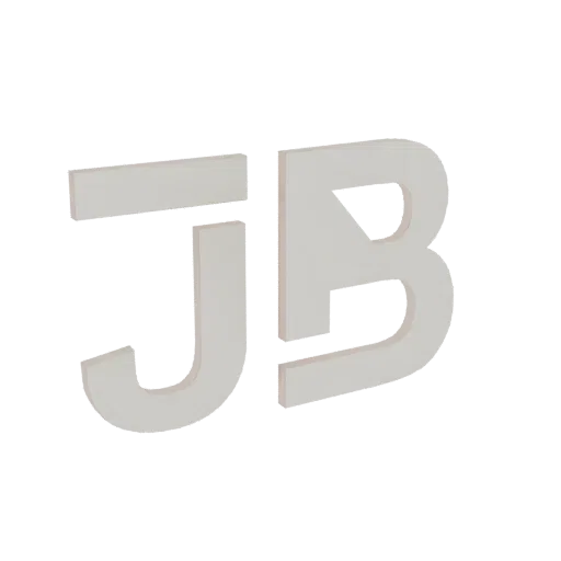 A 3D render of two white letters, 'J' and 'B', positioned next to each other against a white background.