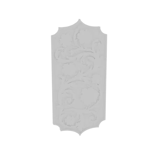 A 3D render of a rectangular decorative panel with intricate, raised floral carvings and scrolling leaf patterns, set against