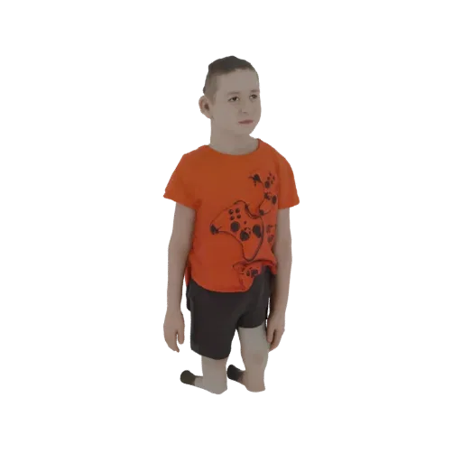 3D-Modell eines jungen Jungen mit orangefarbenem T-Shirt mit Gamecontroller-Aufdruck und dunklen Shorts, stehend und zur Seit