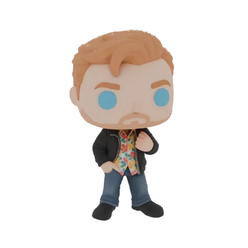 3D-Modell eines stilisierten Mannes mit rotbraunem Haar, blauen Augen, trägt ein Blumenhemd und eine schwarze Jacke, im Funko