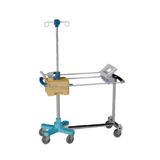 Emergency IV Stand Low Poly 3D model, game viewport three-quarter view, showing painted metal, clinical silhouette.