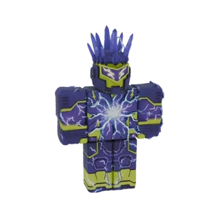 3D model of an electric warrior mech with purple and lime green armor, featuring lightning effects and a crystalline headpiec