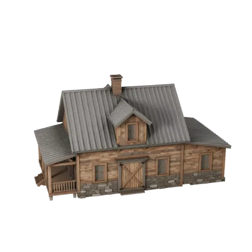 Realistisches Bauernhaus 3D Modell, dreiviertel Außenansicht, mit Materialien von Wohngebäuden und architektonischen Details