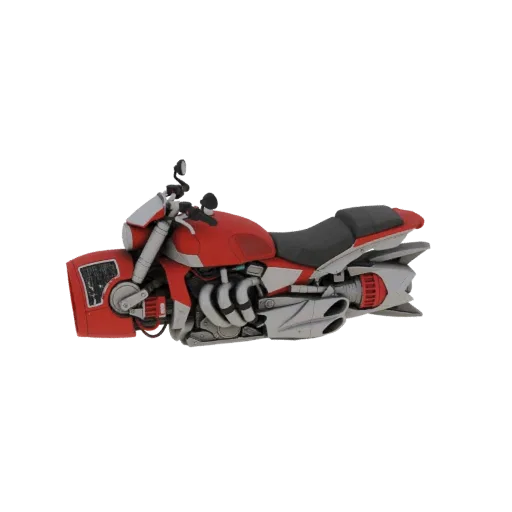 A 3D render of a futuristic red motorcycle with silver accents, featuring a powerful engine and sleek bodywork, against a whi