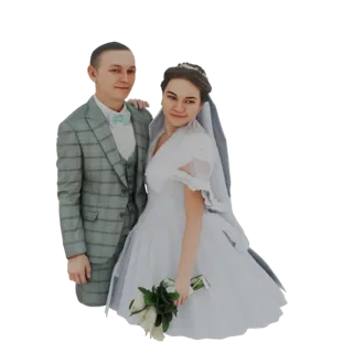 3D model of a wedding couple, groom in a grey suit, bride in a white gown holding a bouquet, posed together