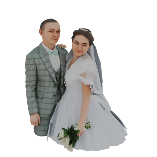 3D model of a wedding couple, groom in a grey suit, bride in a white gown holding a bouquet, posed together