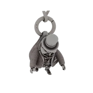 3D model of The Comedian's top hat pendant, featuring a skull-like face and a detailed suit, hanging from a loop.