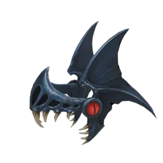 Modelo 3D de una máscara de dragón oscuro con colmillos afilados, alas de murciélago y un ojo rojo brillante, presentado sobr