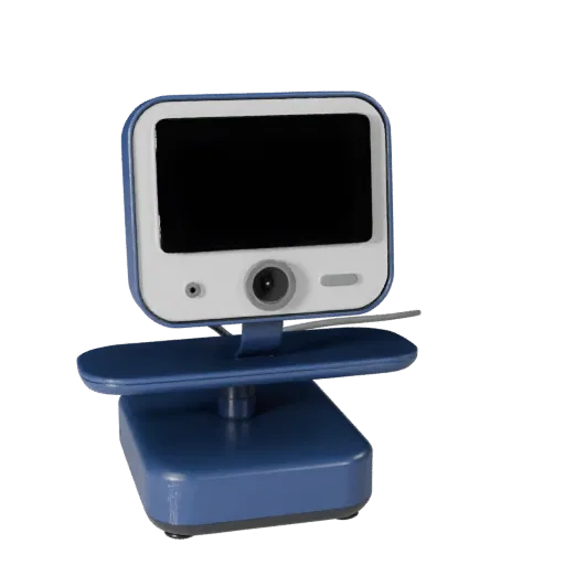 Minimal Webcam 3D model, three-quarter front view, AR viewer studio render, showing plastic shells, desktop scale.