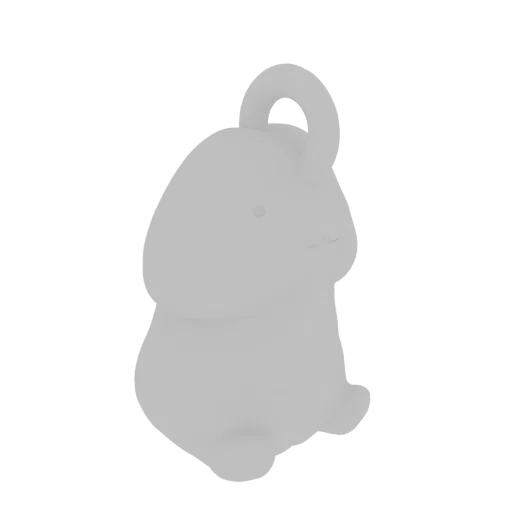 Un render 3D di una statuetta di elefante grigio chiaro, cicciottello, con coda ad anello, seduto.