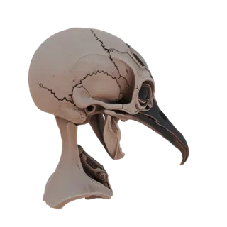 Modelo 3D de un cráneo de ave cibernético con intrincados detalles mecánicos y un pico afilado, presentado sobre un fondo bla