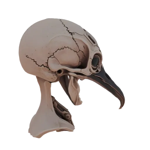 3D model of a cybernetic avian skull with intricate mechanical details and a sharp beak, presented on a white background.