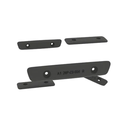 3D render of a set of industrial mounting brackets with pre-drilled holes, one marked with 'A1 28P-Z3-024 R'