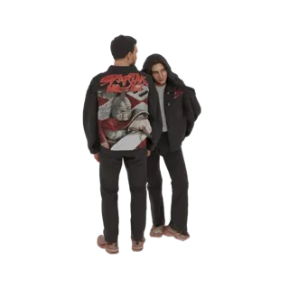 3D-Modell einer Jacke mit detaillierter Spartaner-Krieger-Grafik auf dem Rücken, getragen von einer männlichen Figur.