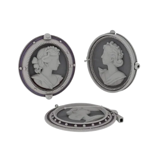 Vintage Cameo Brooch product viz 3D model, side view studio render, with clean topology and PBR shading on the brooch.