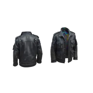 Modello 3D di una giacca biker in pelle nera mostrata dal retro e dal davanti, rivelando una colorata fodera psichedelica.