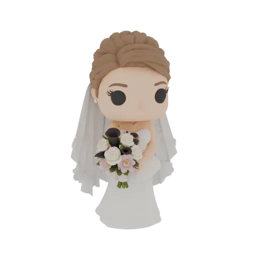 3D model of a bride in Funko Pop style, wearing a white wedding dress and veil, holding a bouquet of flowers.
