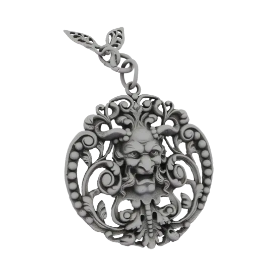3D model render of a gothic gargoyle pendant with a detailed face and ornate scrollwork, presented against a white background