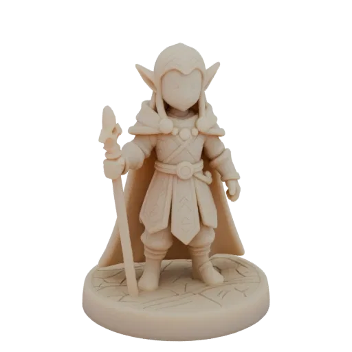 Miniatura STL de Druida Elfo Medieval, render de mesa a tres cuartos, miniatura de lanzador de conjuros imprimible en resina