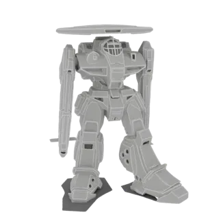 Modèle 3D d'un mécha de combat sci-fi gris avec une grande tête plate en forme de disque, posé sur une base.