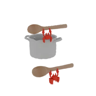 Un rendering 3D che mostra due porta-mestoli a forma di granchio rosso, uno su una pentola bianca e l'altro su un cucchiaio d
