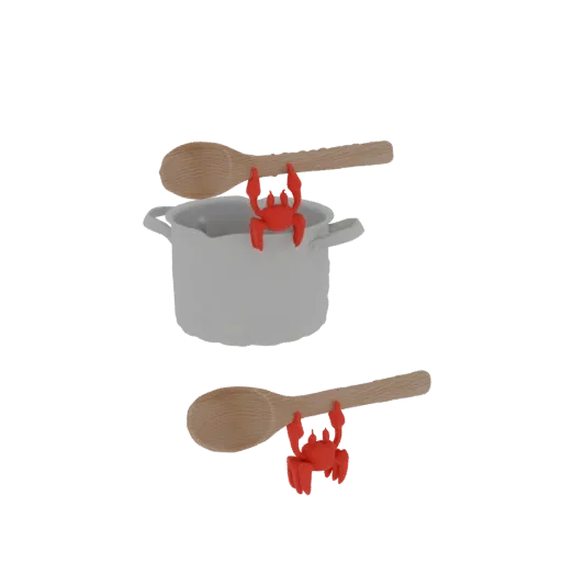 A 3D render showing two red crab spoon holders, one on a white pot and another on a wooden spoon, against a white background.