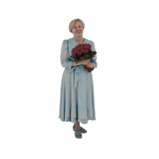 3D model of a woman with blonde hair, wearing a light blue floral dress and holding a bouquet of red roses, standing against