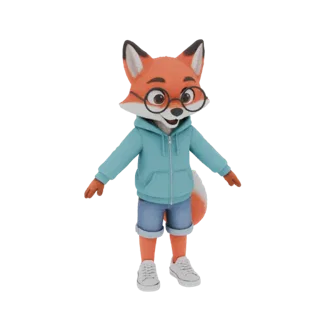 Una renderización 3D de un zorro lindo y caricaturesco con gafas redondas, sudadera azul y pantalones cortos, de pie con los