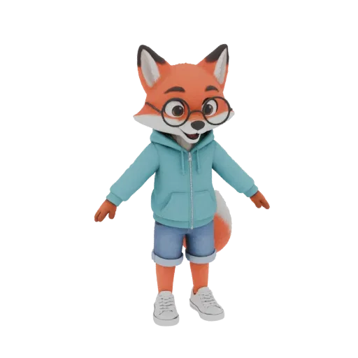 Uma renderização 3D de uma raposa fofa e cartunesca usando óculos redondos, moletom azul e shorts, em pé com os braços ligeir