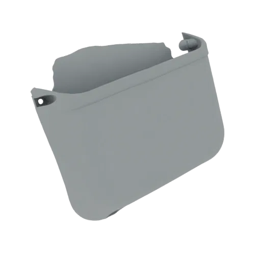 3D model render of a gray car mudguard with mounting holes, isolated on a white background.