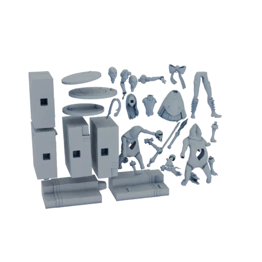 3D-Render einer Sammlung gotischer Krieger-Miniaturen mit Herzsymbolen, einschließlich Torsi, Köpfen, Waffen und Zubehör, auf