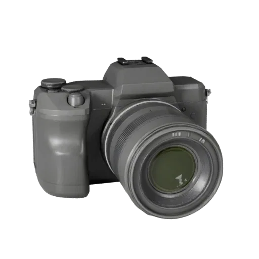 Mirrorless Drone Camera Low Poly 3D model, game viewport three-quarter view, showing textured grips, lens barrels.