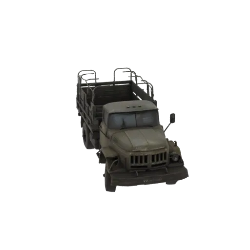 3D model of a weathered, olive-drab vintage military cargo truck with an open bed and detailed cab.