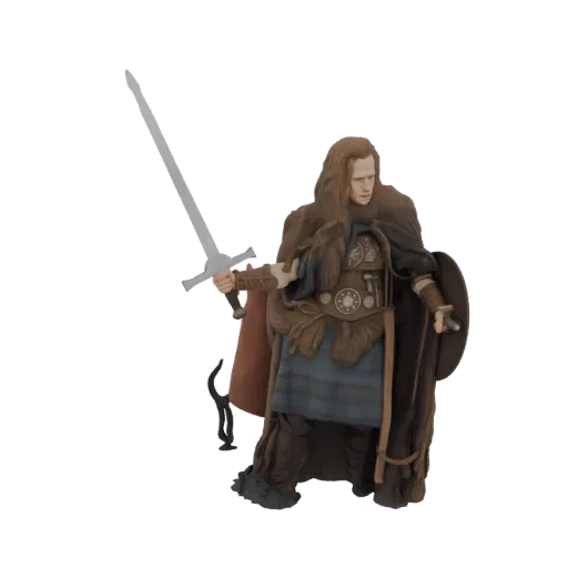 3D model of a medieval warrior holding a sword and shield, wearing a fur-lined cape and tartan kilt.