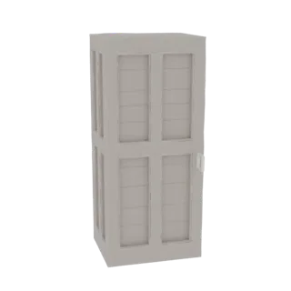 3D model of a tall, light-colored cabinet with multiple vertical panels and a single door on the right side, against a white