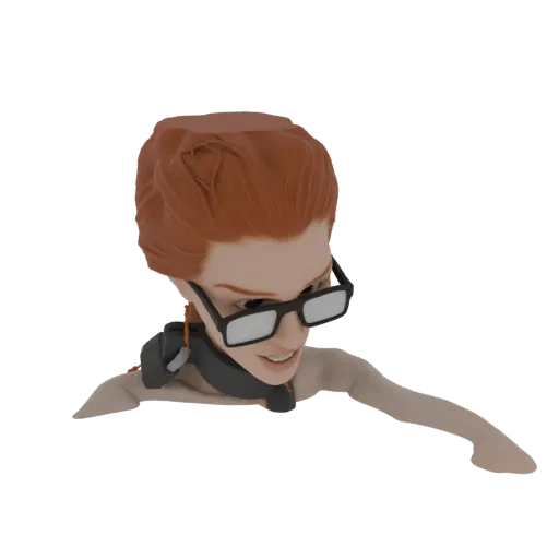 Modelo 3D de mujer estilizada con cabello rojo y gafas, mirando curiosa con un brazo extendido.