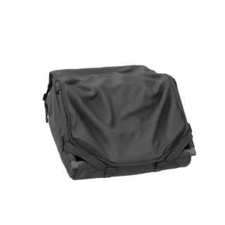 A 3D render of a dark gray duffle bag with visible straps and a slightly rumpled texture, set against a black background.