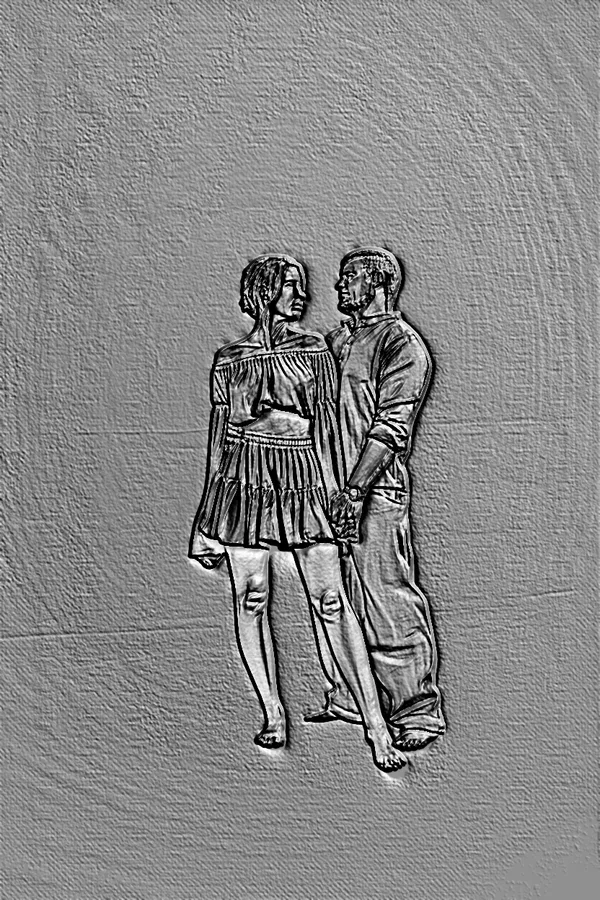 Modèle 3D de basse-reliève "Couple s'enlaçant" style gravure, montrant un homme et une femme s'étreignant sur un fond texturé